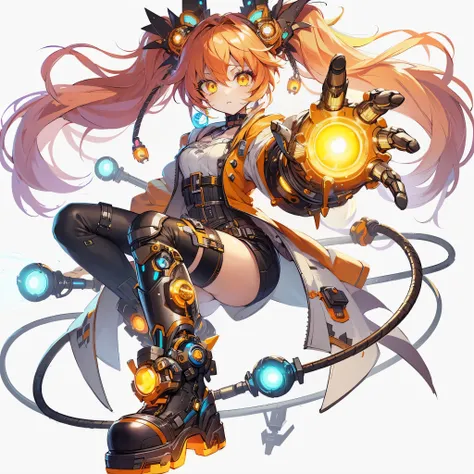 (Masterpiece, best quality), ultra-detailed, full-bodied cyber punk magical girl, hold on high tech gauntlet, orange hair, glowing yellow eye, cute girl outfit, cyber hi-tech boots, high resolution, digital painting, 8k high resolution, trending art statio...