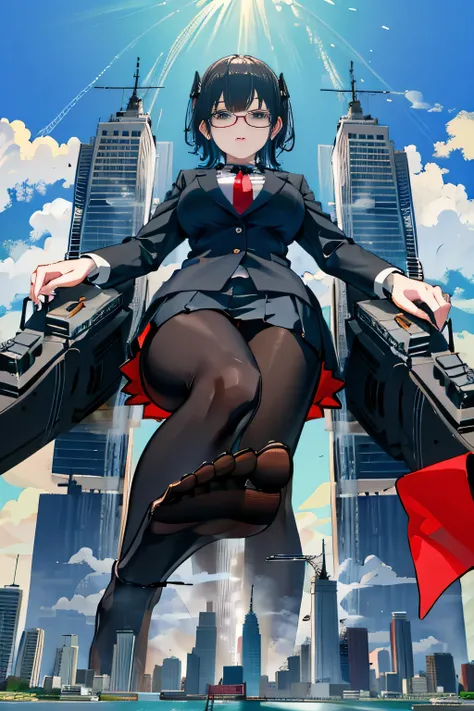 Giant娘 art, surreal high school girl, 非常に詳細なGiantショット, Giant, short hair, a huge high school girl、&#39;It&#39;s much bigger than a skyscraper, wearing rimless glasses, big breasts, big ass, navy blue blazer, red tie, mini length skirt, black pantyhose, Don...