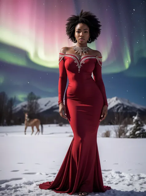 full body shot of one ultra hot gorgeous chadian woman, age 23, black short Afro hair, wearing a beutiful red dress. winter night, snowy village landscape, northern lights, falling snow, multiple views, blurry foreground, 85mm, Fujifilm, Canon, UHD, retina...