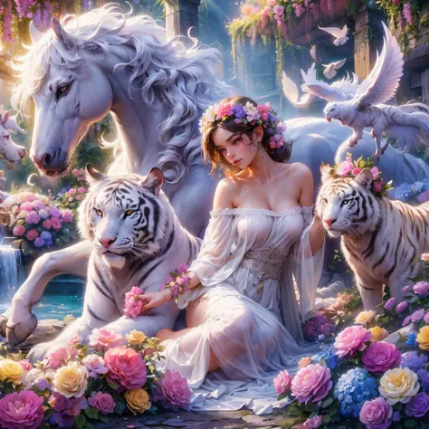 a woman sitting on a bed of flowers next to a white horse and white tiger, very beautiful fantasy art, beautiful fantasy art, beautiful fantasy painting, fantasy beautiful, beautiful detailed fantasy, beautiful art uhd 4 k, breathtaking fantasy art, beauti...