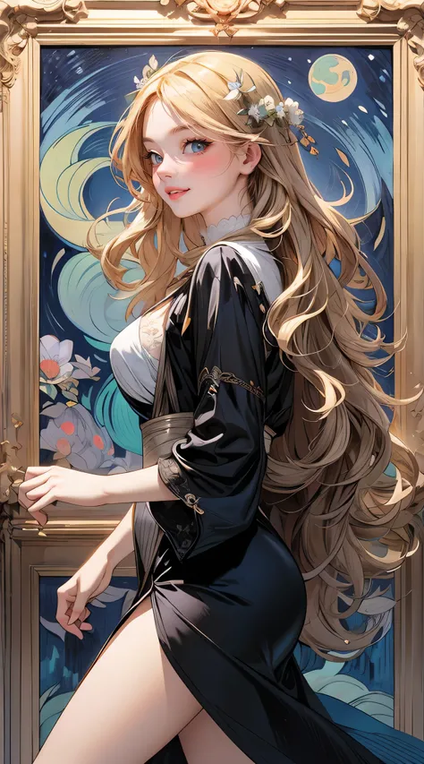 best quality, portrait, woman, succubus, solo, castle, perfect body, nice breasts, wavy hair, hair ornaments, walking pose, natural light, evening, vibrant, epic, alphonse mucha, vincent van gogh