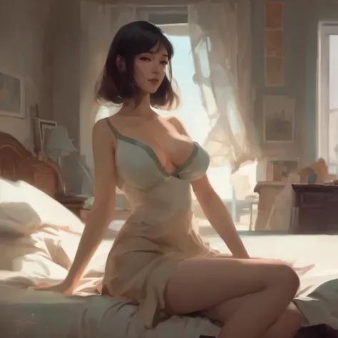 Painting of a woman sitting on the bed in the bedroom, by Yanjun Cheng, guweiz style artwork, guweiz, Gurwitz Masterpiece, Ilya Kuvshinov. 4K, Jeremy Lipkin, loish and wop, Krenzkushat, Ilya Kuvshinov landscape, Thick coating