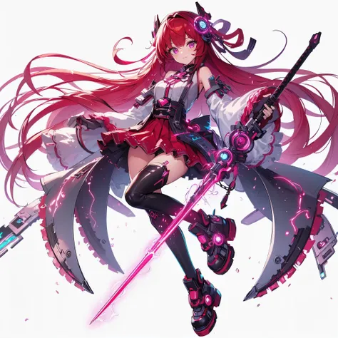 (masterpiece, best quality), ultra-detailed, full-bodied cyber punk magical girl, hold on high tech energy katana, red hair, glo...