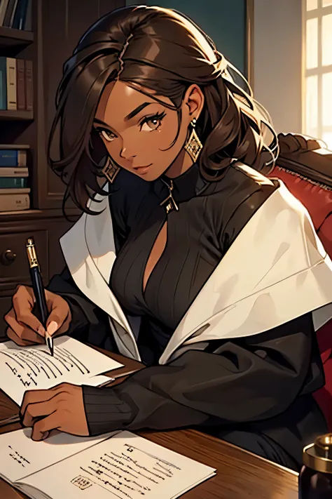 Draw a beautiful ebony woman, with voluminous brown hair and brown eyes, sitting, writing a letter with a pen with a quill on top. Looking at the letter. Wearing formal clothes.