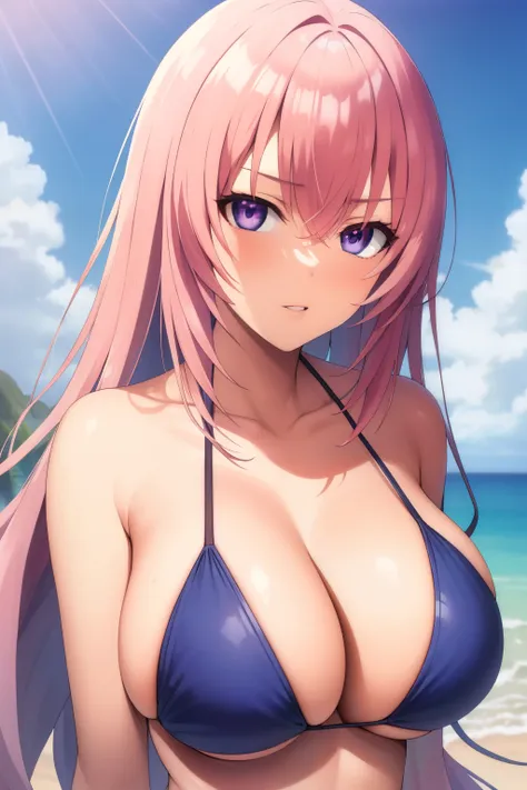 (masterpiece, best quality:1.2), a woman with long pink hair and purple eyes, bikini swimsuit, looking haughty, on the beach, ul...