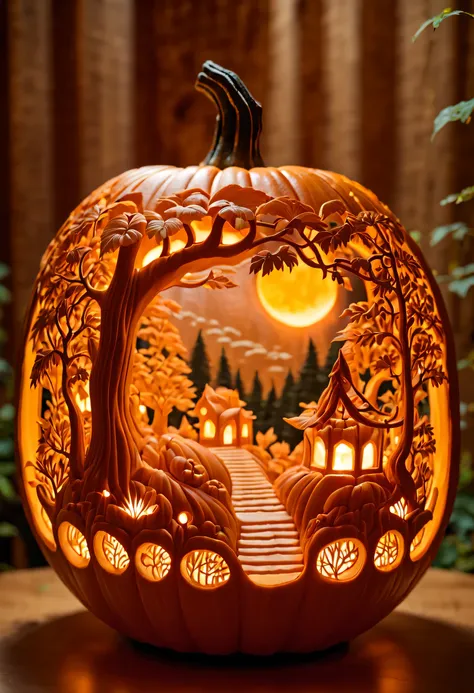 micro landscape，pumpkin carved with fun forest pattern，there  a lantern here，南瓜内的micro landscape，beautiful carving pattern on pu...