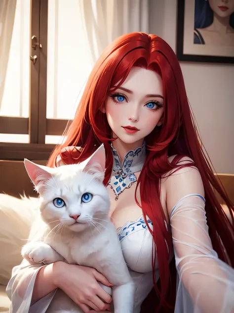 A woman with long red hair, blue eyes, red lipstick, hugged a white-furred, blue-eyed cat, posing with his face so perfect. The details are clear. Up to 8K resolution, perfect details perfect face smile