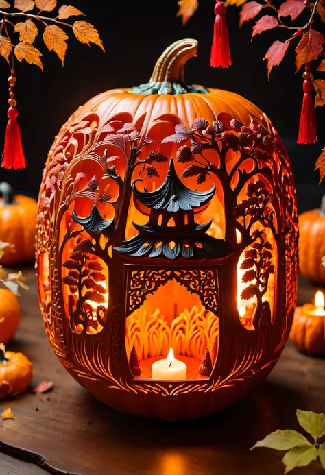 night,micro landscape,Pumpkin carved with fun forest pattern,There a lantern here,南瓜内的micro landscape,Beautiful carving pattern on pumpkin,Empty,Warm candle flame inside pumpkin,Red tassel decoration,Pearl decoration,