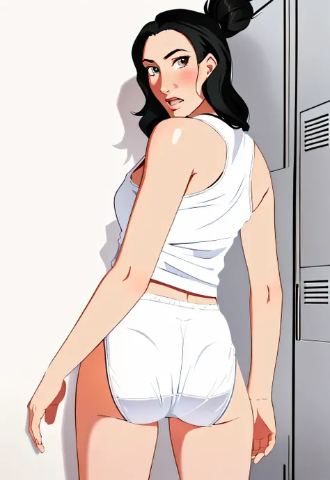 ((((masterpiece, best quality)))), ((31 year old)), ((fit)), Caucasian woman with (((long black hair ))), in (white tanktop), ((((white cotton panties)))), ((standing in a locker-room)), ((Embarrassed expression)), (((Large shapely buttocks))), ((Western c...