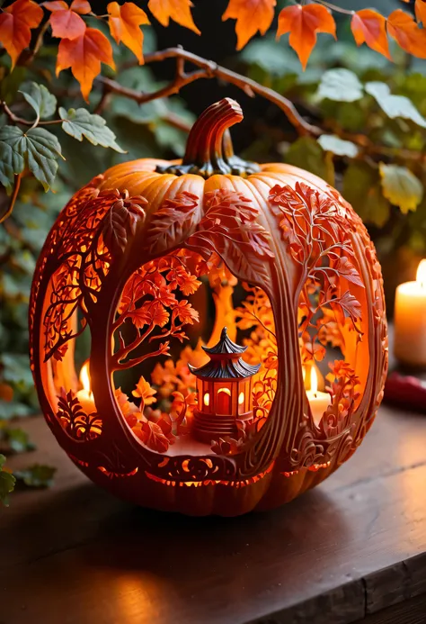 night，micro landscape，pumpkin carved with fun forest pattern，pumpkin lantern，南瓜内的micro landscape，beautiful carving pattern on pu...