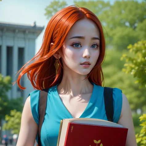 (best quality,4k,8k,highres,masterpiece:1.2),ultra-detailed, red haired chinese college student, dilraba dilmurat, walking on ca...