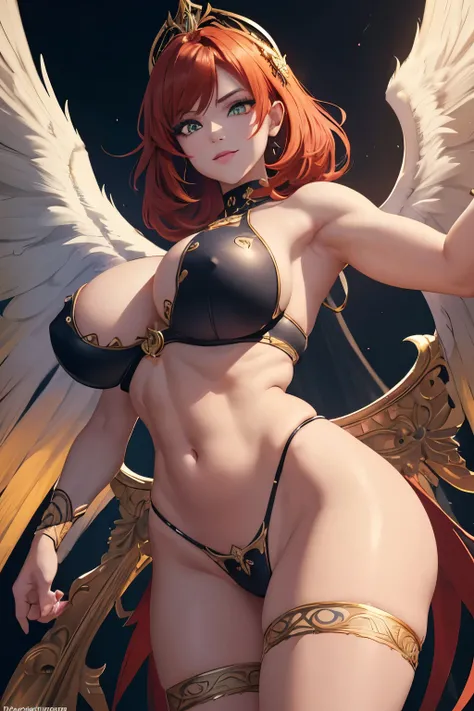 (Highly detailed:1.2), (beautiful face and eyes:1.2), smile, tan skin, (demon wings:1.1), (masterpiece), red hair, (yellow eye:1.2), (hair covering one eye), (in heaven:1.2), muscular, thick thighs, (blue lips:1.1), (exposed navel), (bare skin), (pasties:1...