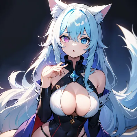 Girl,wolf girl,fluffy tail,white long hair,heterochromia, purple eyes, cyan eyes,mature girl,busty body