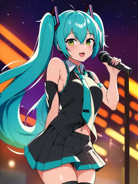 (masterpiece, Best quality:1.1), 1 girl, One, Miku Hatsune, twins, very long hair, Happy, tie, skirt, cut off sleeves, Cute, Looking at the viewer, standing, on open air, Scene, Microphone in hand, Poet, Fire from behind, night, colorful light, Elaborate b...