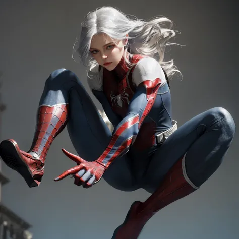 (Extreme Detail CG Unity 8K wallpaper, masterpiece, highest quality), (Exquisite lighting and shadow, highly dramatic picture, Cinematic lens effect), a beautiful girl in a white Spider-Man costume, white lingerie, silver gray hair color, long hair, from t...