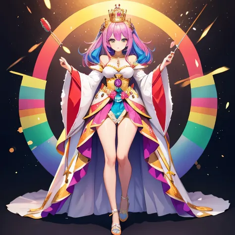 1girl, woman, candy queen, coronation robes, rainbow hair color, full body view