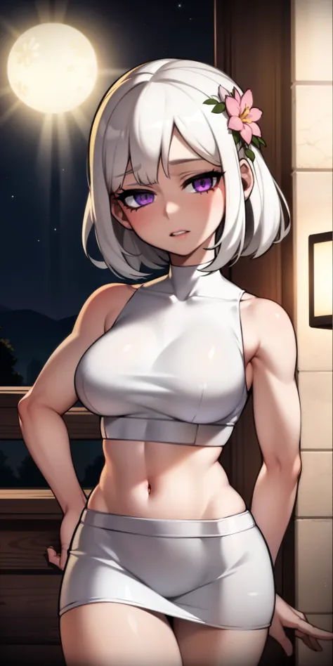 realistic, 1girl, white hair, purple eyes, glowing eyes, crop top, skirt, parted lips, blush, night, flowers, sun, sunlight,