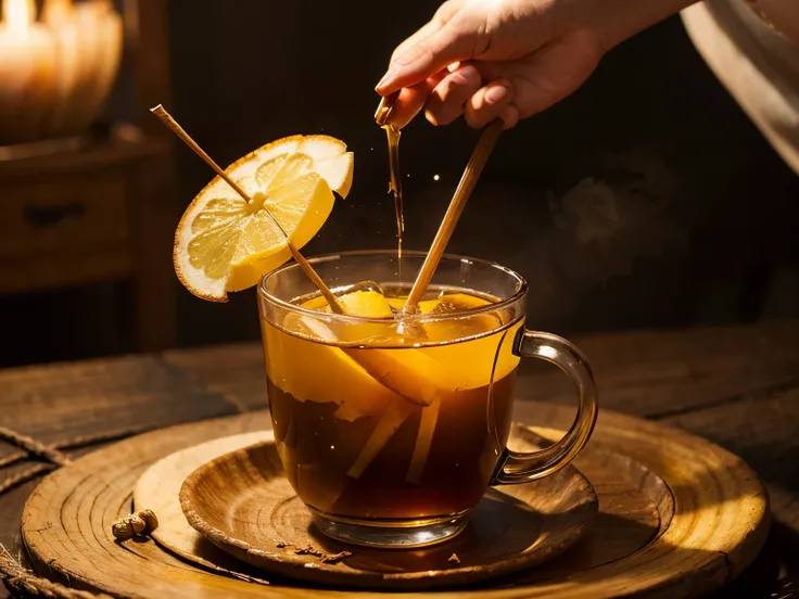 Create an image where a cup of ginger tea is being prepared by a magical character, with a magic wand mixing the ingredients. Use fantastical elements like stars, sparks, and vibrant cores to convey the feeling that ginger tea has special health powers.