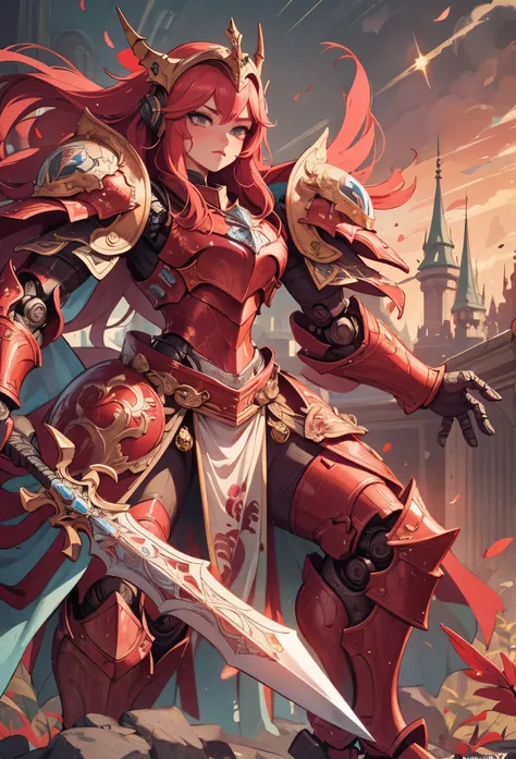 (detailed illustrations,Very detailed and precise drawing,Delicate drawn lines with tempo,Realistic texture expression),[color traced main line],(Fantasy World Battlefield Background [burning castle]),((ROBOT GIRL)(red knight[muscular][[METALFACE[lenticula...