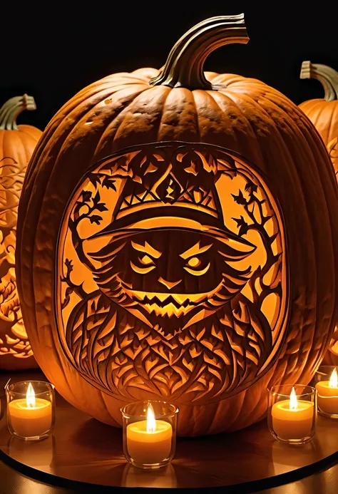 Super detailed pumpkin carving，pumpkin relief,pumpkin art,Embossed art,Elaborate relief,，surreal, high detail, detailed, lifelike, natural pumpkin color, table decorations,Engraving art pattern,Glowing lanterns，high contrast，best shadow，chiaroscuro，minimal...