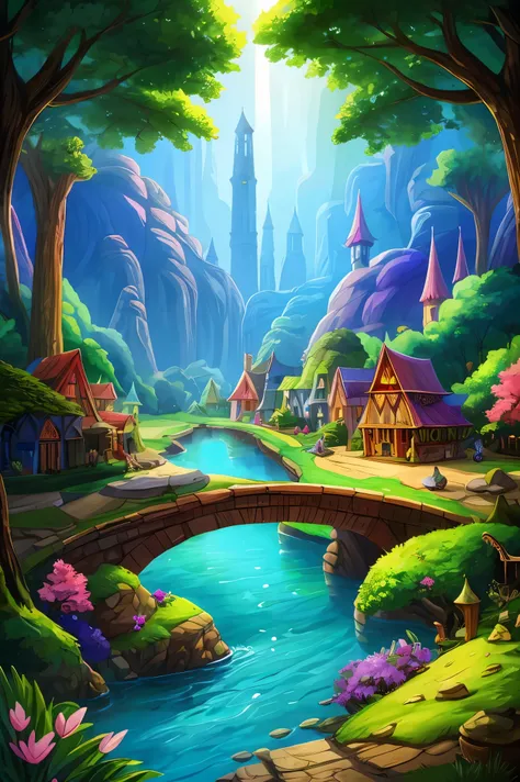 Colorful woods，Cartoon illustration of fantasy forest with tree house and stream, colorful concept art, made of tree and fantasy valley, arte de fundo, fairy kingdom forest, Stylized concept art, enchanted magical fantasy forest, magical fantasy 2 d concep...