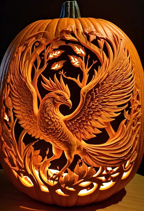 Super detailed pumpkin carving，pumpkin relief,pumpkin art,Embossed art,Elaborate relief,，surreal, high detail, detailed, lifelike, natural pumpkin color, table decorations,Diaofeng,Glowing lanterns，high contrast，best shadow，chiaroscuro