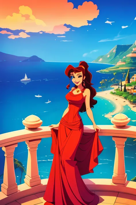 1 girl brunette Megara, wearing long greek dress, disney animation style, best quality, digital art, in paradise surrounded by orange clouds