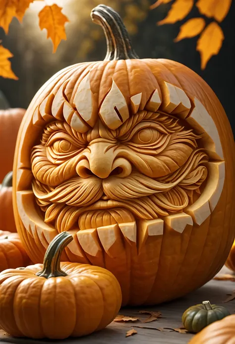 pumpkin carving art, pumpkin carving, detailed山水, surreal, high detail, detailed, lifelike, natural pumpkin color, sunlight, neu...