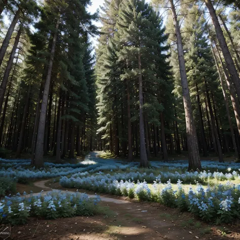 blue and white flowers in a forest with many curvy tree trunks and many leaves 