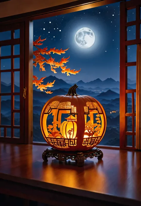 pumpkin lantern:Carve pumpkins:artwork:Art and intricate design:The work of skilled craftsmen:beautiful,Chinese style,elegant,fantasy,fantasy,magic,masterpiece,table decorations,Moonlight outside the window,beautiful光影,最高masterpiece