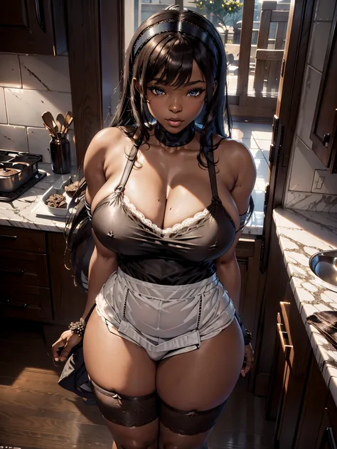 photograph of, a 28 year old, black, african-american bbw woman, beautiful, gorgeous, sexy, erotic, 36dd breast, big buttocks, baking brownies in the kitchen, wearing a french maid outfit, lace stockings, apron with marijuana leaf designs, 36dd breast, sli...