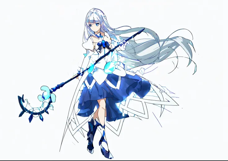 white hair girl，There are sapphires on the skirt，flowing hair，holding a magic wand，blue eyes，indifferent