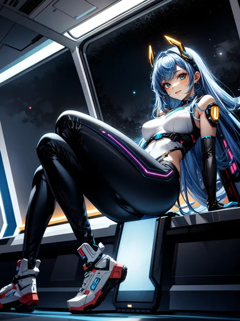 Masterpiece in 16K, epic and futuristic style, Lina, de 21 anos, is immersed in her futuristic costume in a magnificent image in 8K resolution. Seu casaco preto, camiseta vermelha, gray pants and white leather boots form a unique combination. Chiquinhas am...