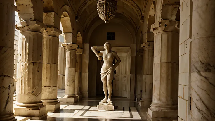 Greek pillar in the corridor with sunlight in the olympus with old statue greeks; medusa; afrodite; destryed; old; spider webs