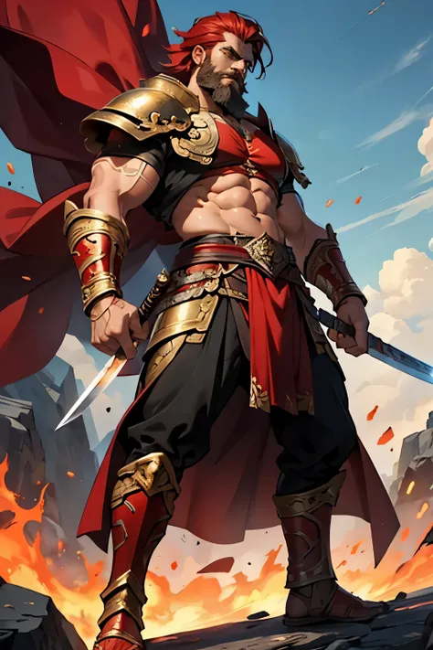 ares, Greek god of war, strong, wearing scarlet and black war attire, with a sword in his hand, fiery hair, bearded, shining eyes, expression of fury, in a battle pose, with gold ornaments and accessories, image of full body