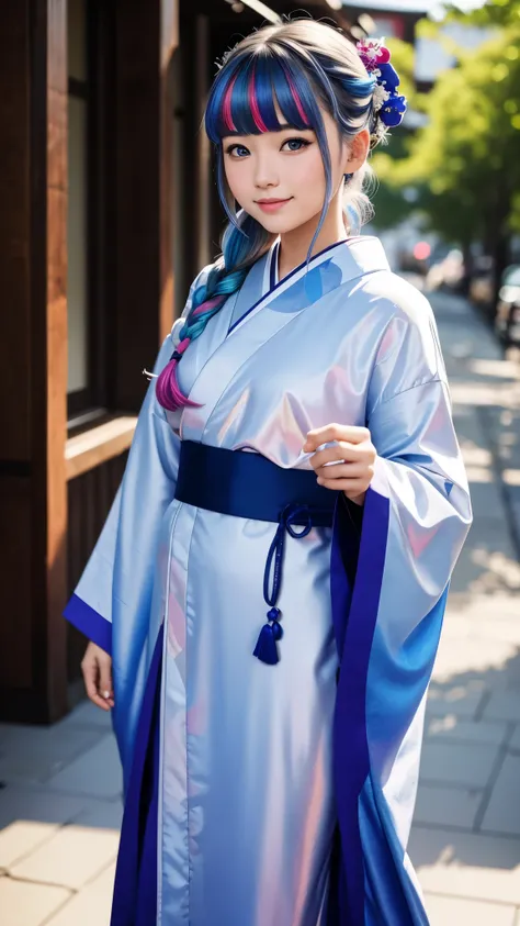 my cute girlfriend is a kimono model.、blue eyes、beautiful smile、he is short、silver-haired braid、hair ornaments、colorful and flas...