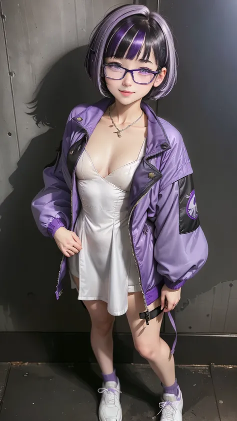 1 girl,Realistic anime girl, young girl, short hairs, wearing (((purple jacket, white dress))),(((black hair with purple highlights))), ((small chest)), full body, standing,smiling, glasses 