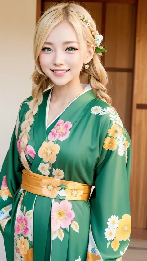 blonde kimono beauty、fancy floral kimono、My cute girlfriend is a kimono model.、green eyes、Beautiful smile、he is short、Braid、hair ornaments、Colorful and flashy kimono、