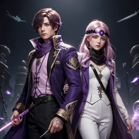 (A young man in a white iron princess dress and black trousers with short brown hair and a purple dagger in his hand And purple scarf) accompanied by (a girl with very long light pink hair and a blue suit coat and a sniper in her hand With a blindfold on o...