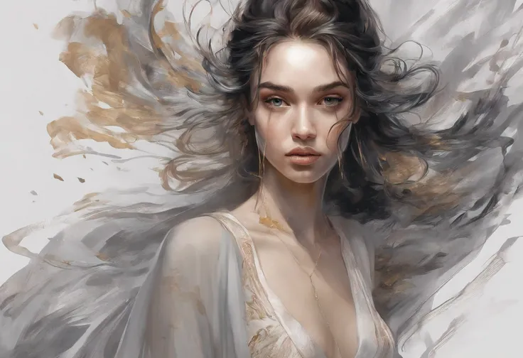 Hyper realistic painting of the beautiful sexy 20 years old woman in a flowing long dress, low cut decollate dress, Perfect centralization, beautiful very detailed face,  Fantastic Black Golden Beams, alegria, Standing position, beleza abstrata, Centrado, ...