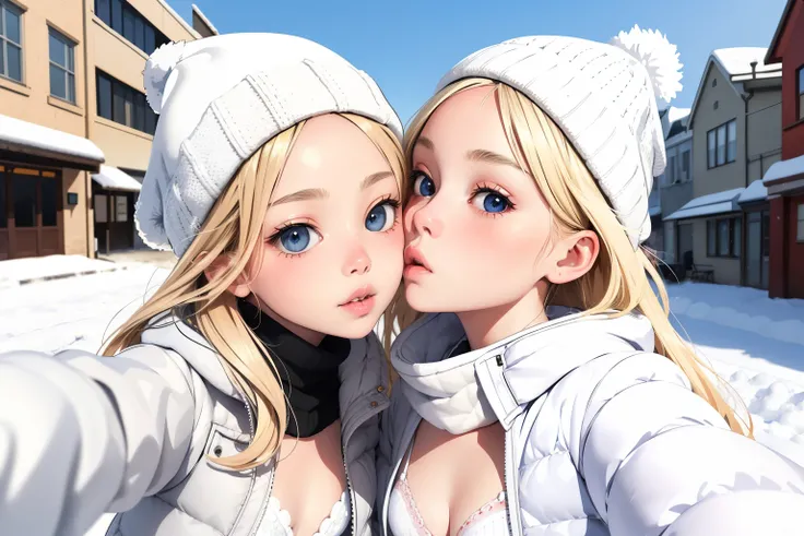 (superflat, flat shading, flat colors:1.1), (winter:1.2), (snow:1.2), (city street), 2girls, petite, loli, child, flat chest, blonde hair, open white jacket, (white bra:1.2), knitted hat, blush, (kissing:1.2), selfie, view from below, (low angle), winter, ...