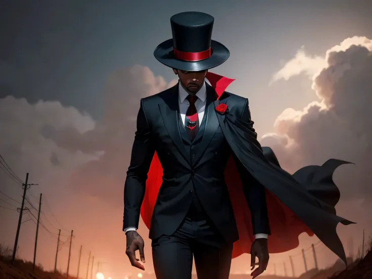 a full-length black man, in a black suit with a red tie and a black cape on the outside and red on the inside flying in the wind, holding a trident, in a black top hat with a red stripe, looking down, hiding his face, in front of a dirt road that intersect...