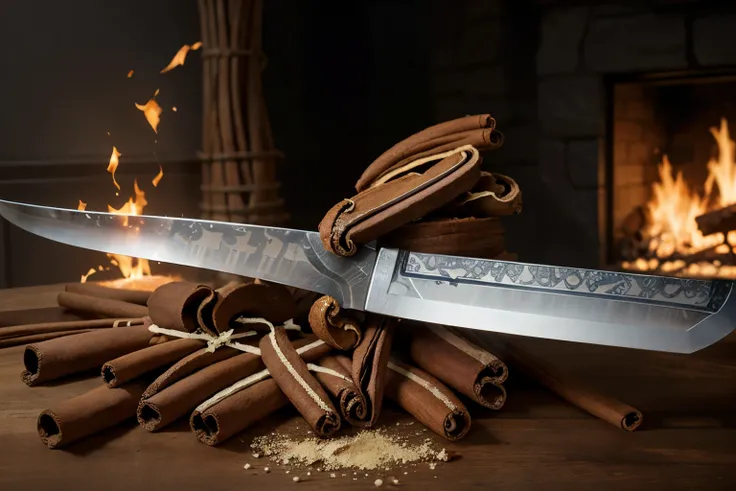 Create an illustration that depicts (((cinnamon as a magic sword))) fighting cholesterol. {Draw a stylized cinnamon stick} like a sword, with details and patterns that refer to its characteristic texture and color. Around [the cinnamon sword], small partic...