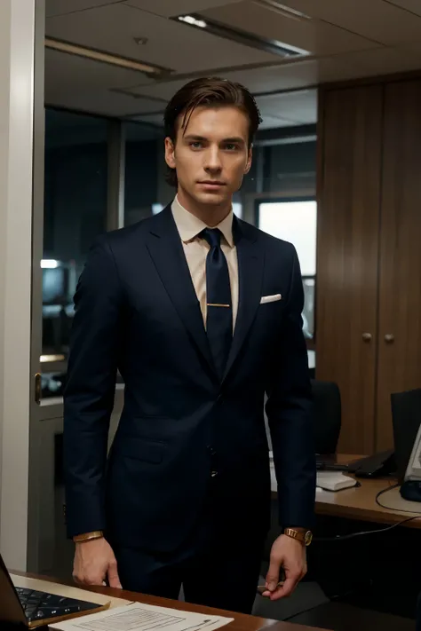 A white man, very thin, 32 years old, dark brown hair, business photo, cinematic, dramatic cinema, in an elegant suit and tie (navy blue suit), wearing a watch (ultra detailed gold) on one wrist, in power pose, confident pose, in an office (in the backgrou...