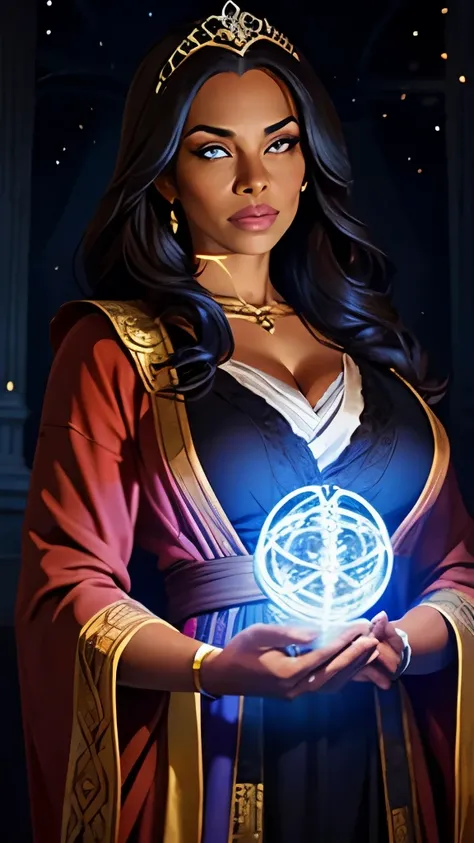 a mature older woman ((dark skin)) with long hair, (chubby physique), alluring princess knight, sorceress with glowing hands, highly detailed anime, regal robes