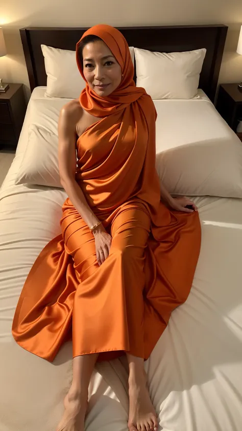 Wearing an orange satin (hijab), (Tan Sri Michelle Yeoh), His body is too thin & Naked at bedroom, Best Quality, Ultra-detailed, Naked, naked, naked, lying on the bed 