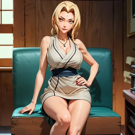 Tsunade, female, anime screencap, animated, whole body, breast squeeze, sweat, girl,woman,female, mature,30 years old, Authentic and detailed face, smile, heart-shaped_pupils, bare_shoulders, huge_breasts, thighs, sailor suit, black_skirt, high_heels, skin...