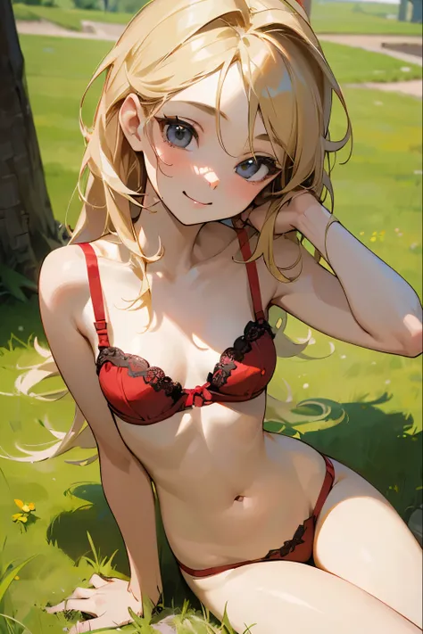 ((Masterpiece)), ((best quality)), (super detailed), cute little girl, beautiful blonde, small breast, sit on the grass, (red sexy bra), messy hair, sexy body, smiling into the camera, sexy model, (exposed cute hip),