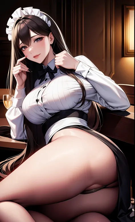 a beautiful, tall woman (1.90), adult Erina Nakiri, maid, French maid, long brown hair, straight hair with curled ends, wearing a long silver earring in her ear, her eyes were brown, face with a happy appearance and lively, an adult woman wearing a formal ...