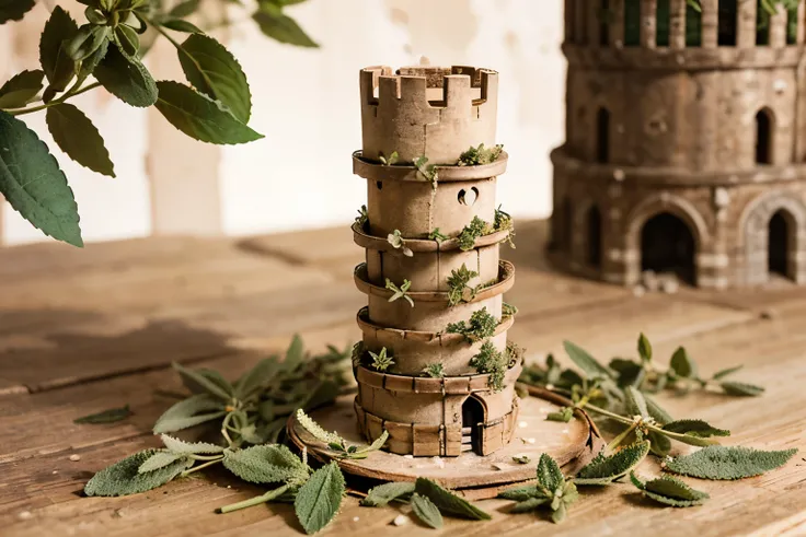 Create an illustration that portrays (((oregano as a protective tower))) against cholesterol. Draw a tower made of stacked oregano branches, with {green leaves and small purple flowers}. Around the tower, small particles of cholesterol are repelled and dis...